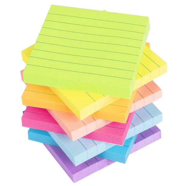 Lined Sticky Notes 3x3 Pack of 8, Bright Colored Super Self Sticky Pads - 60 Sheets/Pad - Easy to Post for School, Office Supplies, Desk Accessories